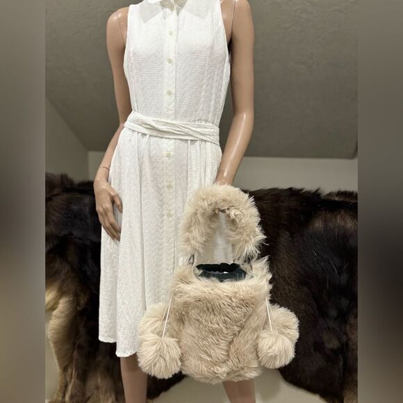 Beige Real Shearling Handmade Drawstring Bucket Bag Includes 4 Fur Balls Charm - Picture 8 of 16